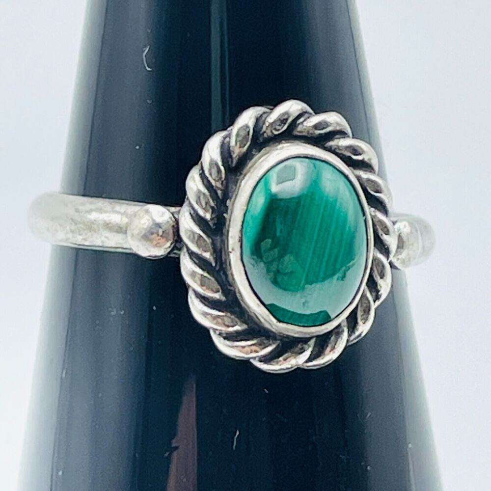 Sterling Silver Rope Bezel Ring FAS 925 US Size 6 Green Cabochon Malachite Look